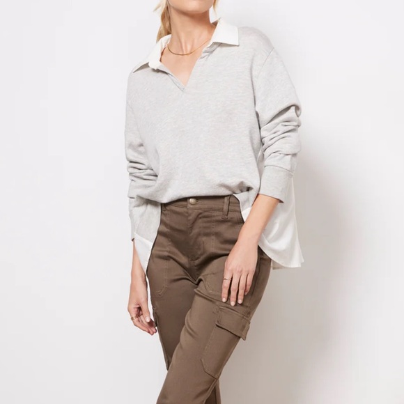 Monrow Poplin Mix Collar Sweatshirt in Heather Grey - Picture 3 of 5